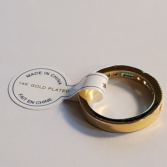 Anthropologie Brass over gold green stone Flat channel cut pattern ring Size 8 - Picture 11 of 11